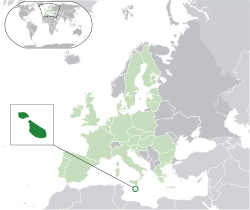 Location of  Malta  (dark green)– in Europe  (green & dark grey)– in the European Union  (green)  —  [Legend]